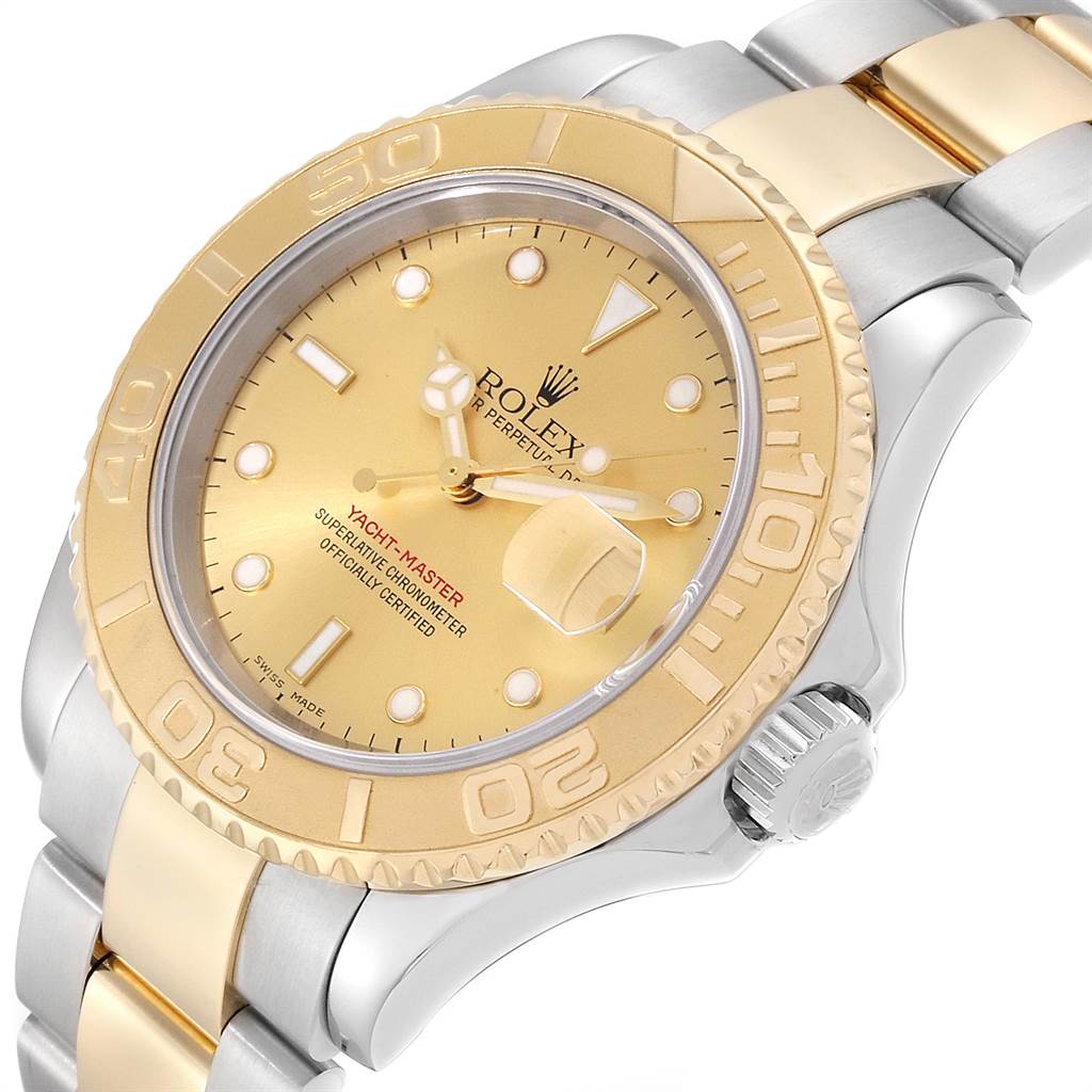 This image shows a Rolex Yacht-Master 16623 Men's Stainless Steel Champagne Dial 16623 Men's Stainless Steel Champagne Dial watch angled from the front, highlighting the face, bezel, and part of the band.