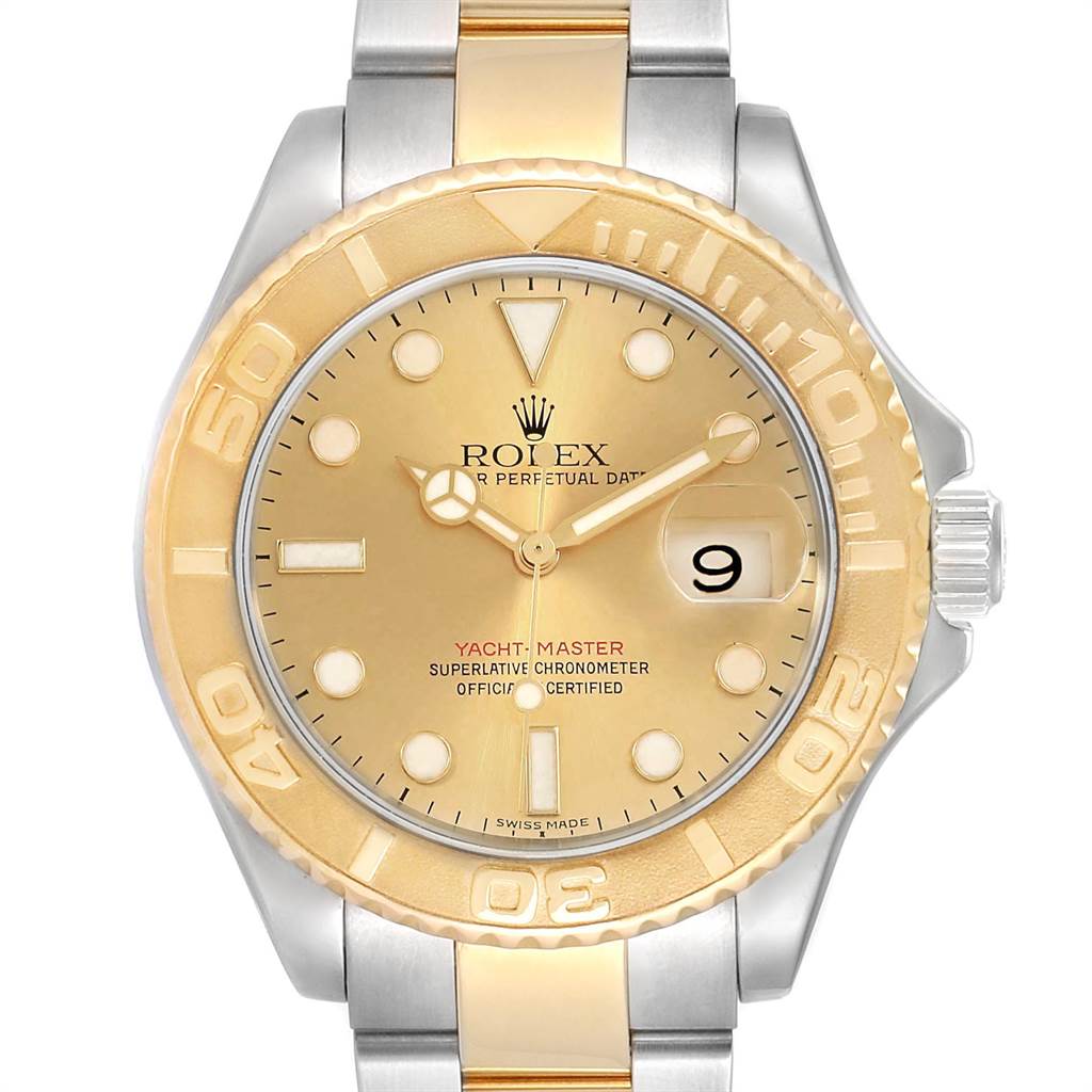 This image shows a front view of a Rolex Yacht-Master 16623 Men's Stainless Steel Champagne Dial 16623 Men's Stainless Steel Champagne Dial watch, highlighting the dial, bezel, hands, and part of the bracelet.
