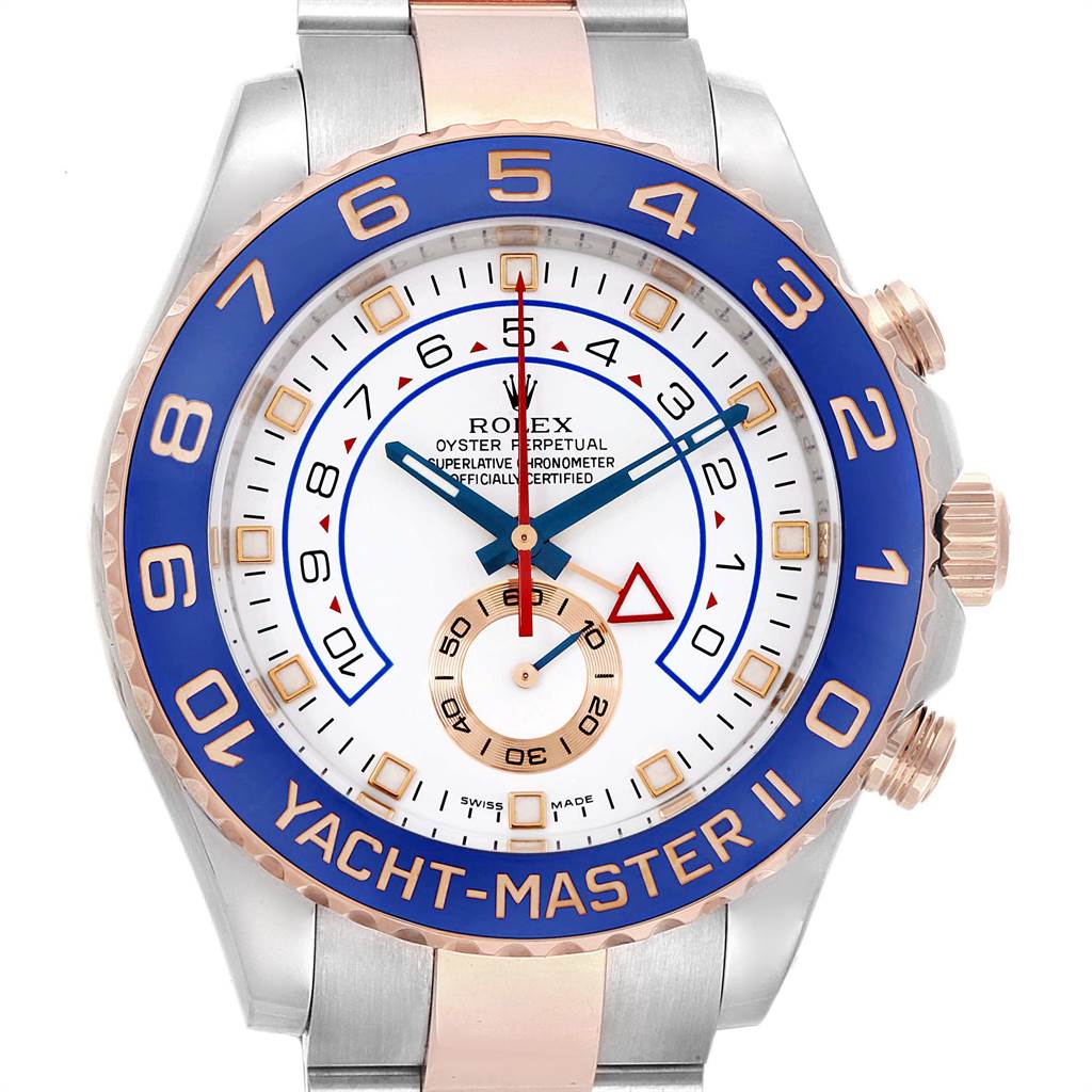 The Yacht-Master model by Rolex is shown from the front, displaying its bezel, dial, and bracelet.