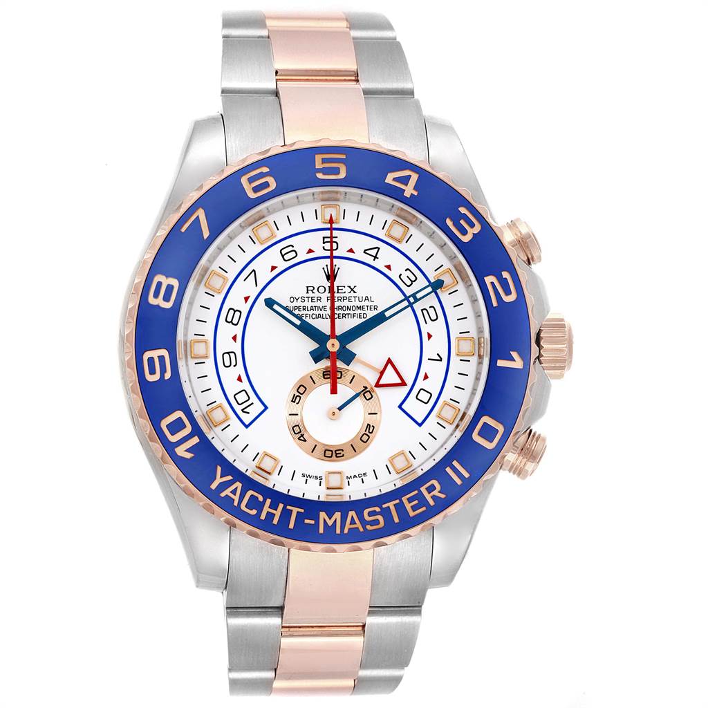 The image shows a front view of a Rolex Yacht-Master 116681 Men
s Steel and Gold (two tone) White Dial 116681 Men
s Steel and Gold (two tone) White Dial II watch, highlighting its face, bezel, and bracelet.