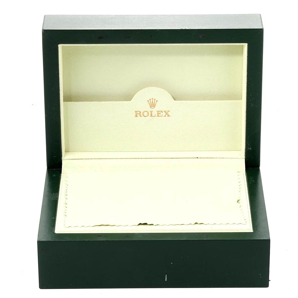 The image shows an empty Rolex Yacht-Master 116681 Men
s Steel and Gold (two tone) White Dial 116681 Men
s Steel and Gold (two tone) White Dial watch box viewed from the front, with the lid open.