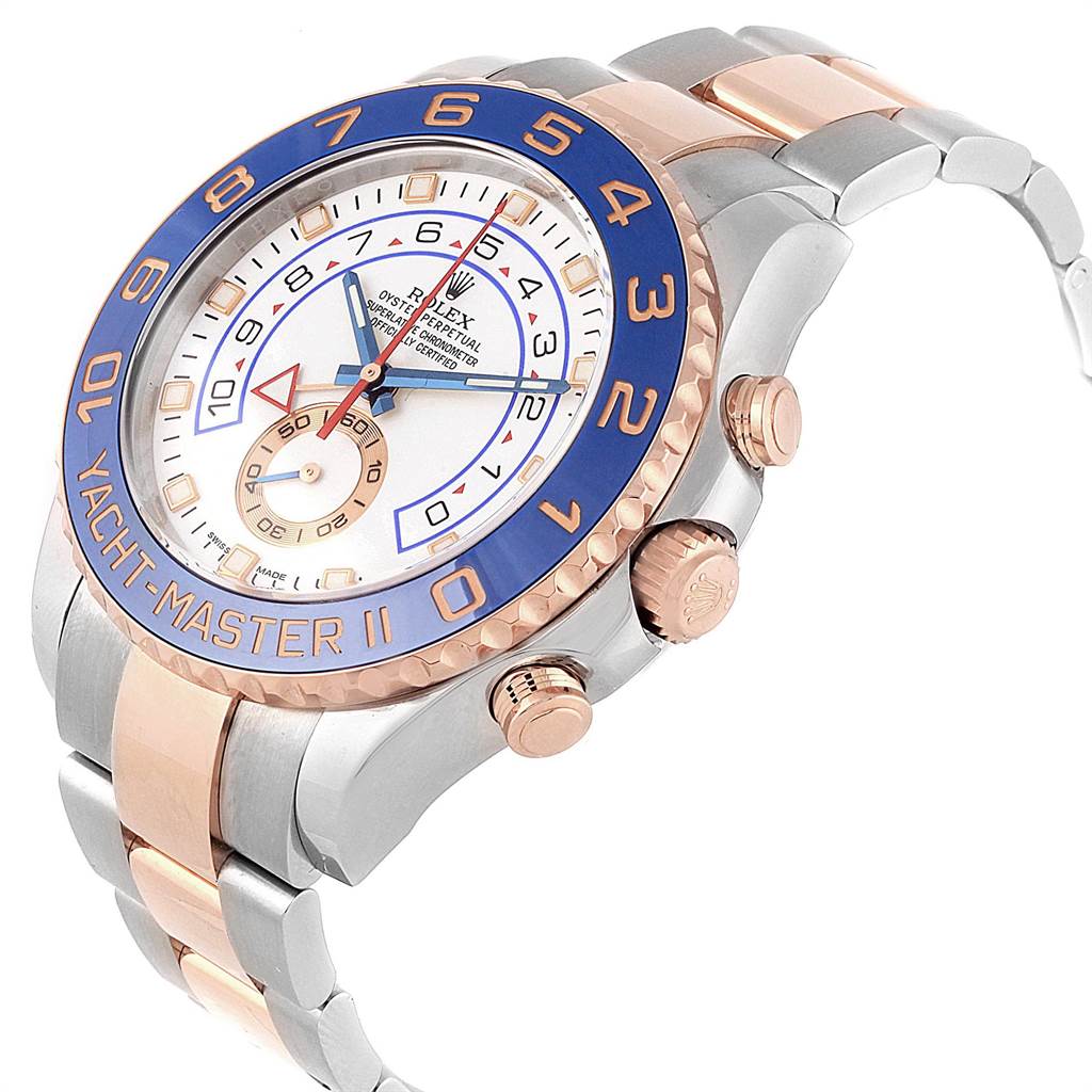 The image shows an angled view of the Rolex Yacht-Master 116681 Men
s Steel and Gold (two tone) White Dial 116681 Men
s Steel and Gold (two tone) White Dial II, highlighting the face, bezel, crown, and bracelet.