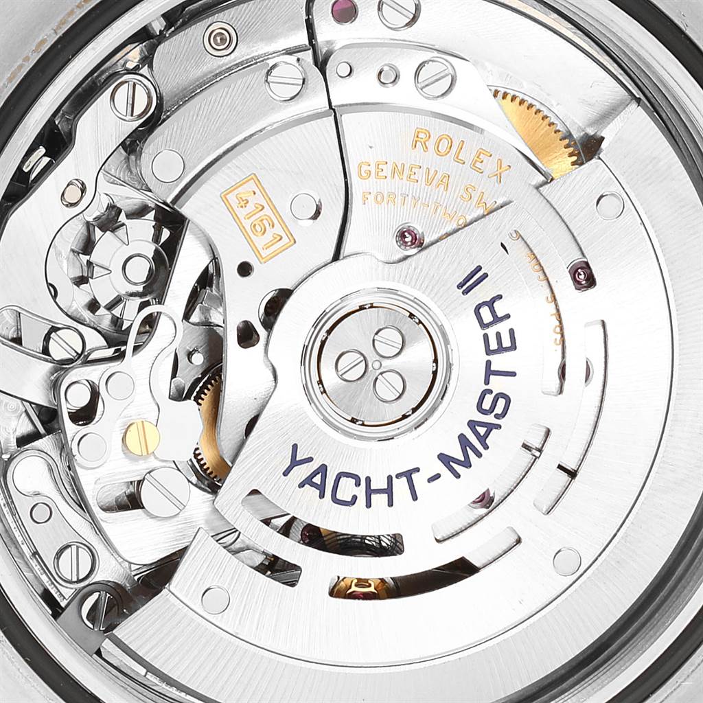 This image shows the intricate inner mechanism and rotor of a Rolex Yacht-Master 116681 Men
s Steel and Gold (two tone) White Dial 116681 Men
s Steel and Gold (two tone) White Dial watch.