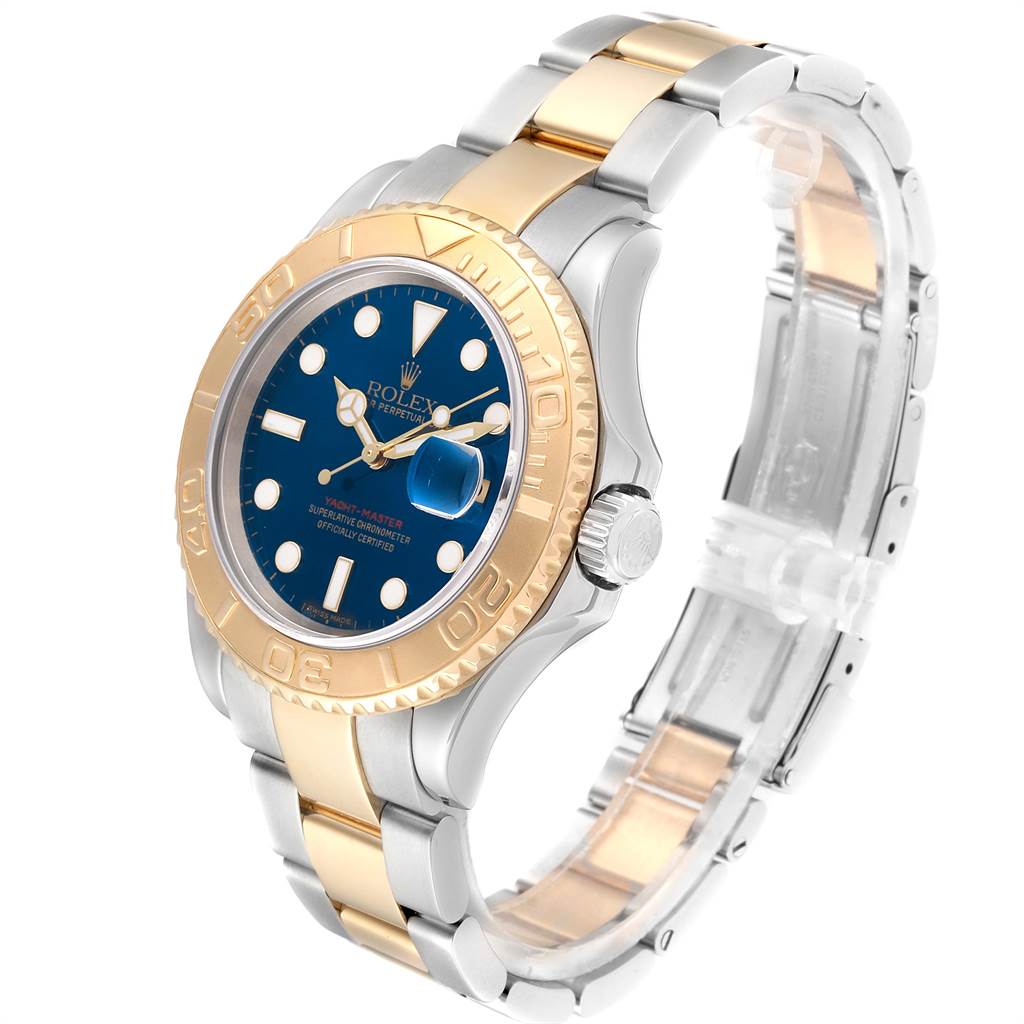 This Rolex Yacht-Master 16623 Men's Stainless Steel Blue Dial 16623 Men's Stainless Steel Blue Dial watch is shown at a three-quarter angle, highlighting the bezel, crown, dial, and bracelet.