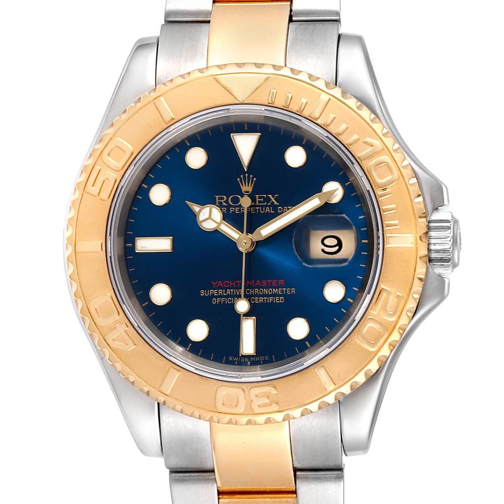 The image shows a Rolex Yacht-Master 16623 Men's Stainless Steel Blue Dial 16623 Men's Stainless Steel Blue Dial watch from a frontal angle, highlighting its gold bezel, blue dial, and two-tone bracelet.