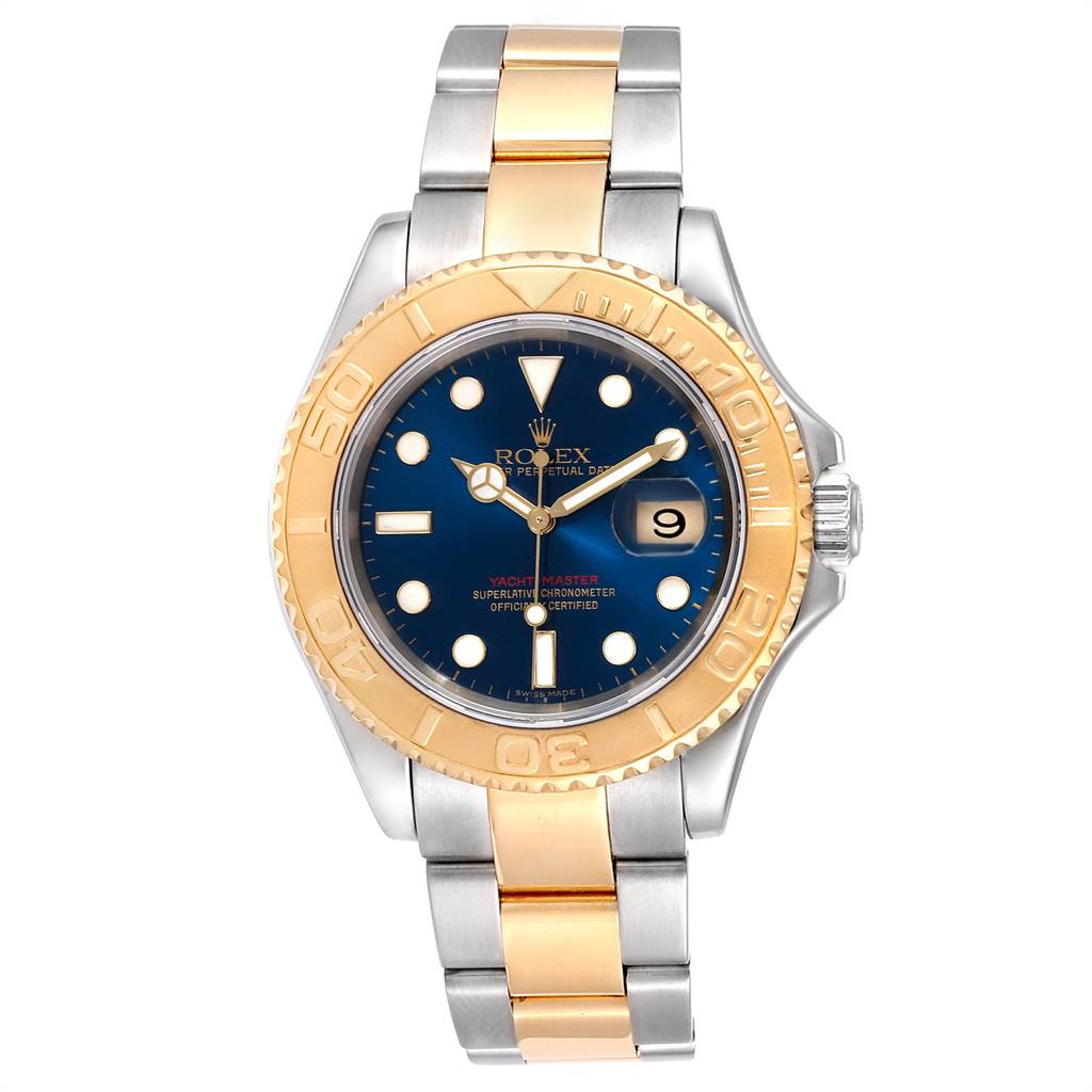 This image shows a front view of the Rolex Yacht-Master 16623 Men's Stainless Steel Blue Dial 16623 Men's Stainless Steel Blue Dial watch, featuring its two-tone bracelet, bezel, and blue dial with date.