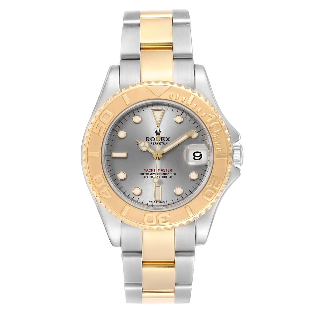 This image shows a front view of a Rolex Yacht-Master 168623 Men
s Steel and Gold (two tone) Grey Dial 168623 Men
s Steel and Gold (two tone) Grey Dial watch, featuring a two-tone bracelet and a gold bezel.