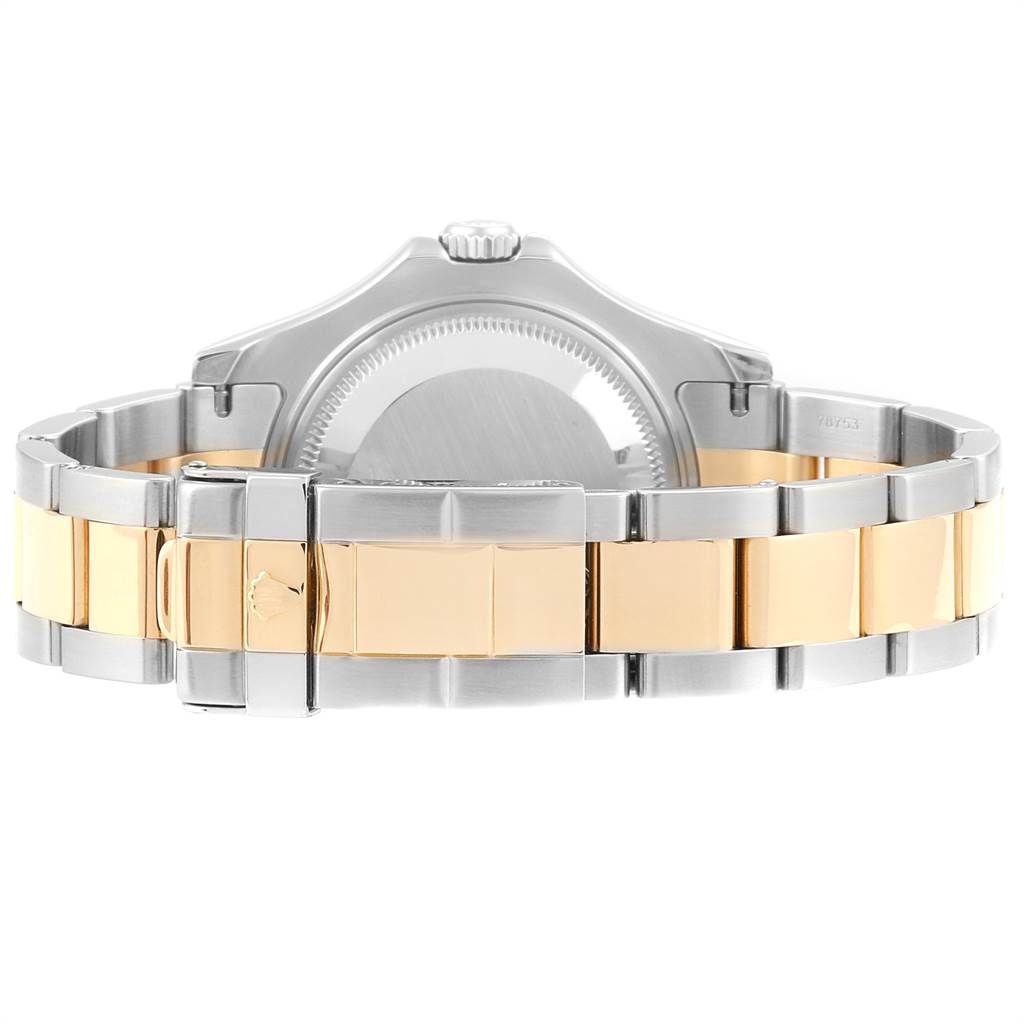 The image shows the rear view of a Rolex Yacht-Master 168623 Men
s Steel and Gold (two tone) Grey Dial 168623 Men
s Steel and Gold (two tone) Grey Dial watch, highlighting the case back and bi-metal bracelet.