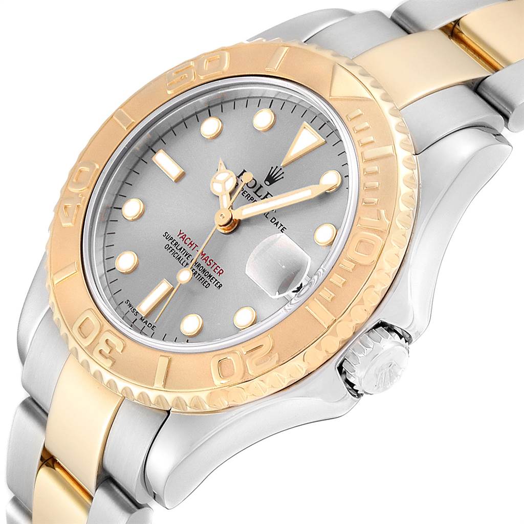 This Rolex Yacht-Master 168623 Men
s Steel and Gold (two tone) Grey Dial 168623 Men
s Steel and Gold (two tone) Grey Dial watch is shown at a slightly tilted angle, highlighting the bezel, dial, and bracelet.