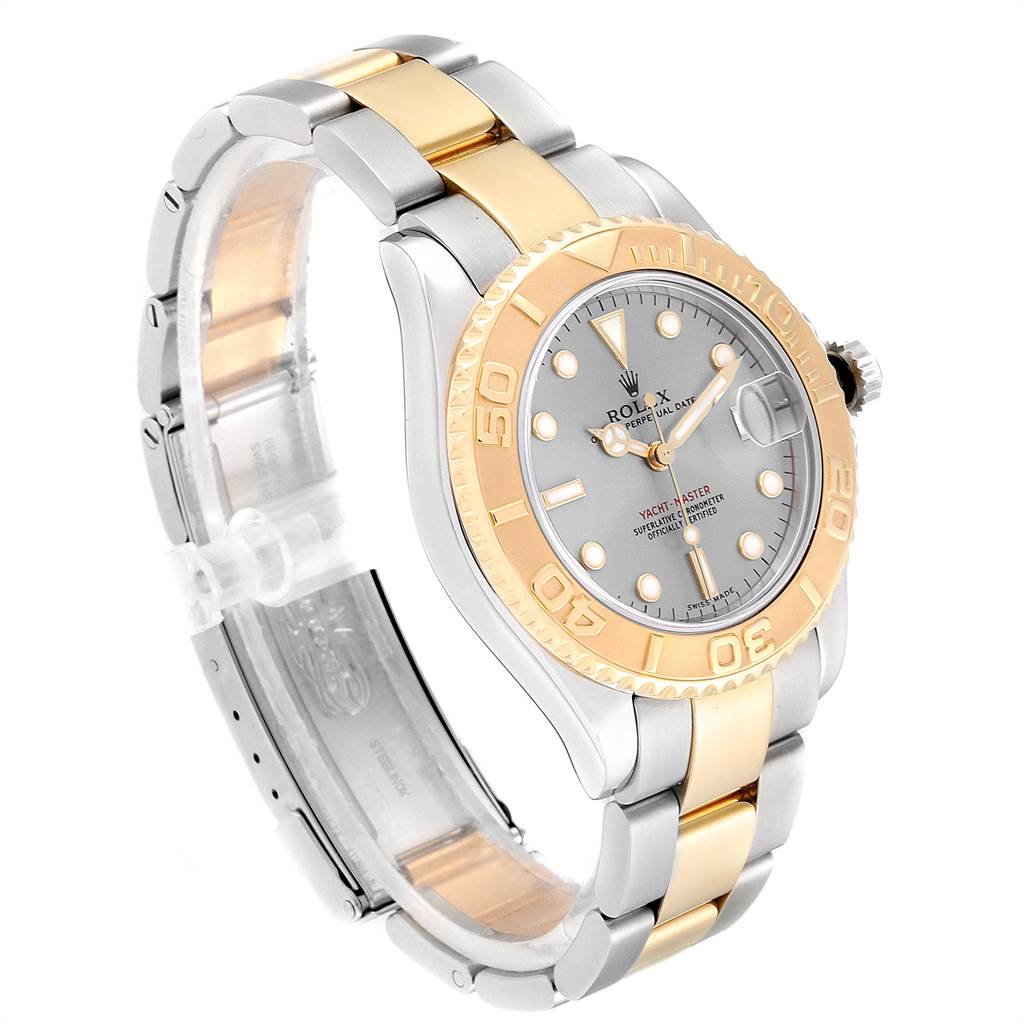 This image shows a Rolex Yacht-Master 168623 Men
s Steel and Gold (two tone) Grey Dial 168623 Men
s Steel and Gold (two tone) Grey Dial watch at a three-quarter angle, highlighting the bracelet, bezel, and dial.