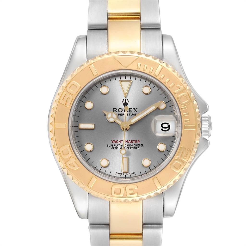 This image shows a front view of the Rolex Yacht-Master 168623 Men
s Steel and Gold (two tone) Grey Dial 168623 Men
s Steel and Gold (two tone) Grey Dial watch, highlighting its dial, bezel, and two-tone bracelet.