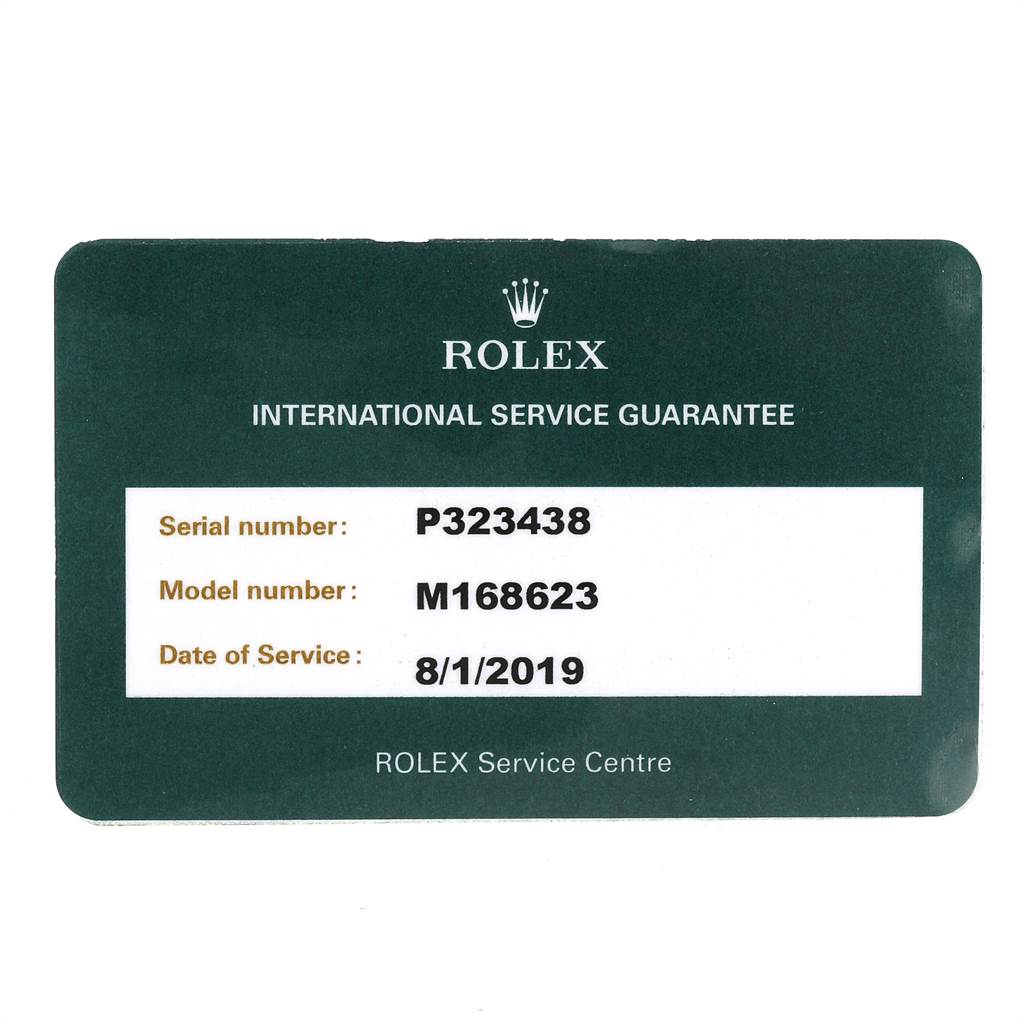 This image shows the international service guarantee card for a Rolex Yacht-Master 168623 Men
s Steel and Gold (two tone) Grey Dial 168623 Men
s Steel and Gold (two tone) Grey Dial model watch.