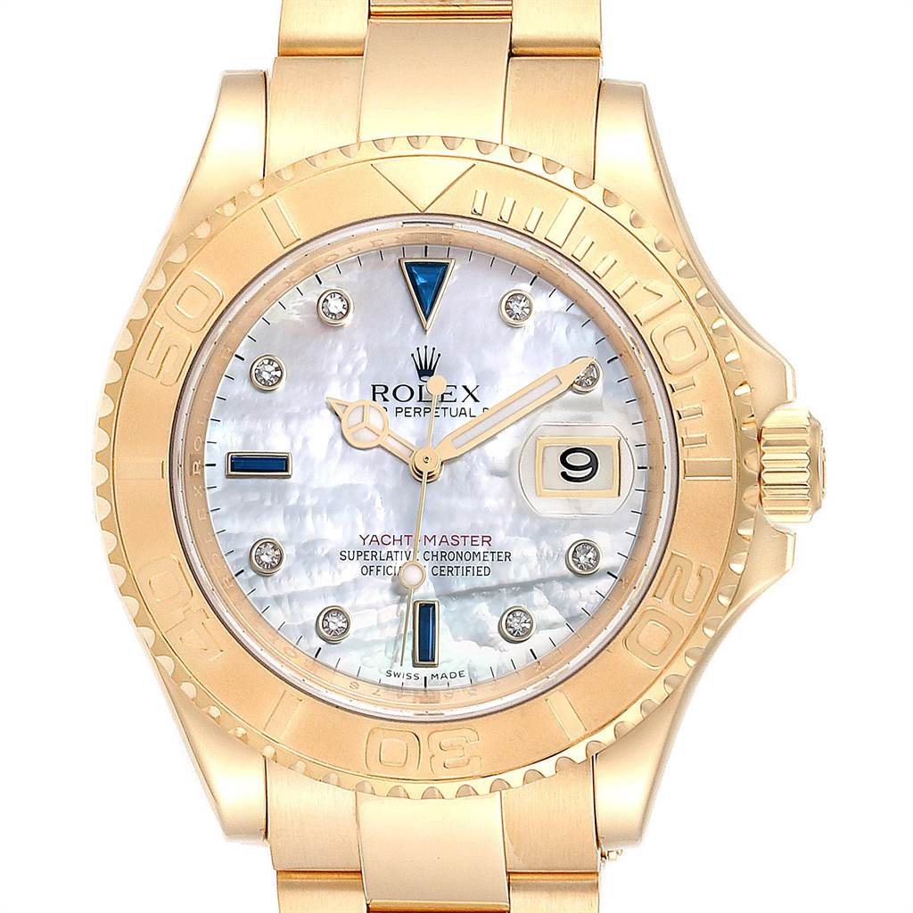 This image shows a front view of a Rolex Yacht-Master 16628 Men
s Yellow Gold Mother of Pearl Dial 16628 Men
s Yellow Gold Mother of Pearl Dial watch, highlighting the dial, bezel, hands, and bracelet.