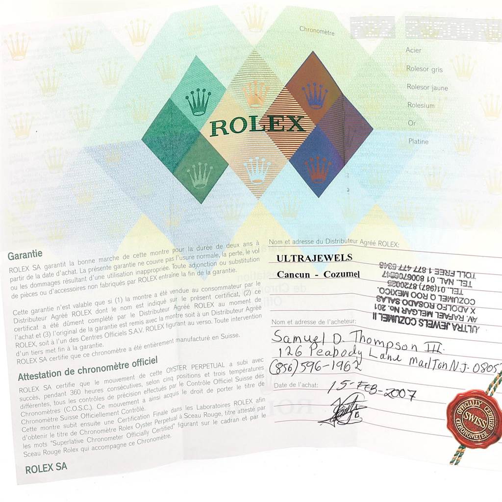 The image shows the warranty certificate for a Rolex Yacht-Master 16628 Men
s Yellow Gold Mother of Pearl Dial 16628 Men
s Yellow Gold Mother of Pearl Dial watch from an authorized dealer.