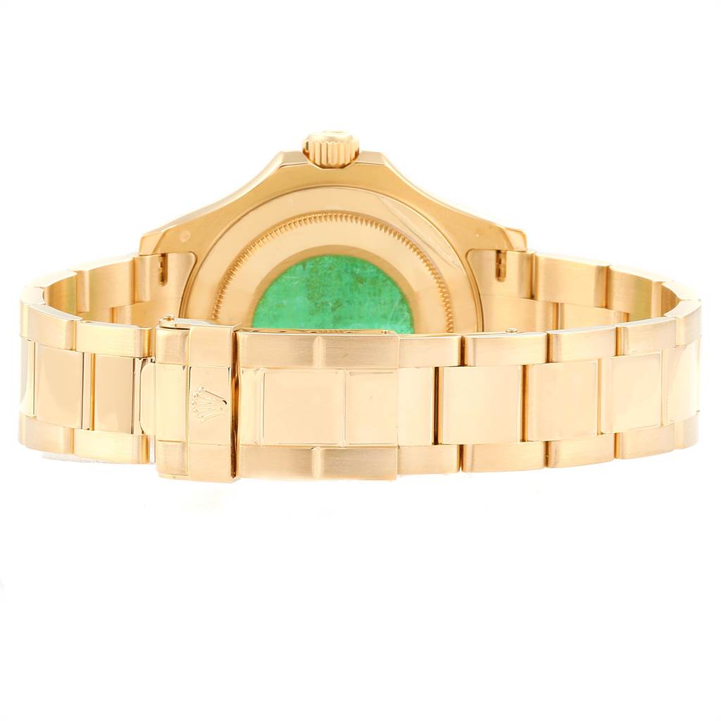 This image shows the Rolex Yacht-Master 16628 Men
s Yellow Gold Mother of Pearl Dial 16628 Men
s Yellow Gold Mother of Pearl Dial watch from the back view, highlighting its case back, bracelet, and clasp.