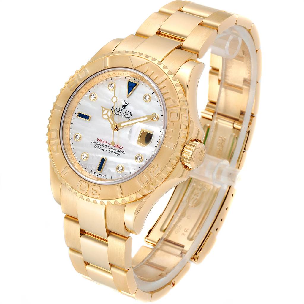 The Rolex Yacht-Master 16628 Men
s Yellow Gold Mother of Pearl Dial 16628 Men
s Yellow Gold Mother of Pearl Dial watch is shown at a three-quarter angle, displaying the dial, bezel, case, crown, and bracelet.