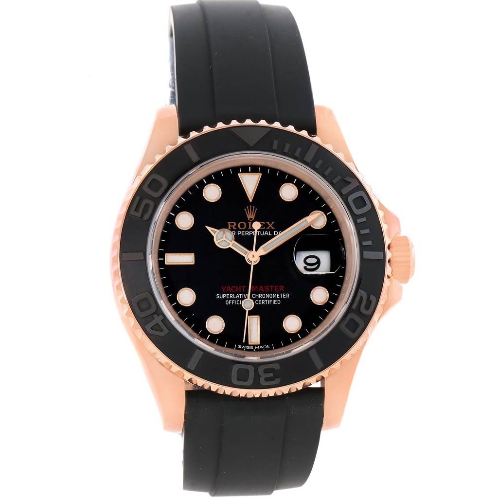 This image shows a front view of the Rolex Yacht-Master 116655 Men's Rose Gold Black Dial 116655 Men's Rose Gold Black Dial watch, highlighting its face, bezel, and rubber strap.