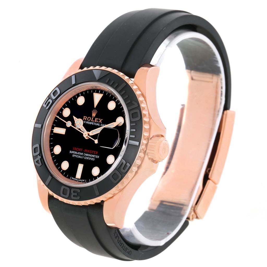 The Rolex Yacht-Master 116655 Men's Rose Gold Black Dial 116655 Men's Rose Gold Black Dial watch is shown at an angle highlighting its face, bezel, band, and rose gold case.