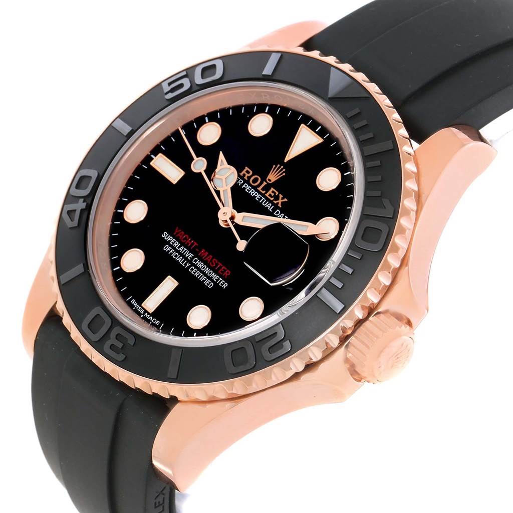 The Rolex Yacht-Master 116655 Men's Rose Gold Black Dial 116655 Men's Rose Gold Black Dial watch is shown at an angled side view, highlighting its bezel, dial, crown, and strap.