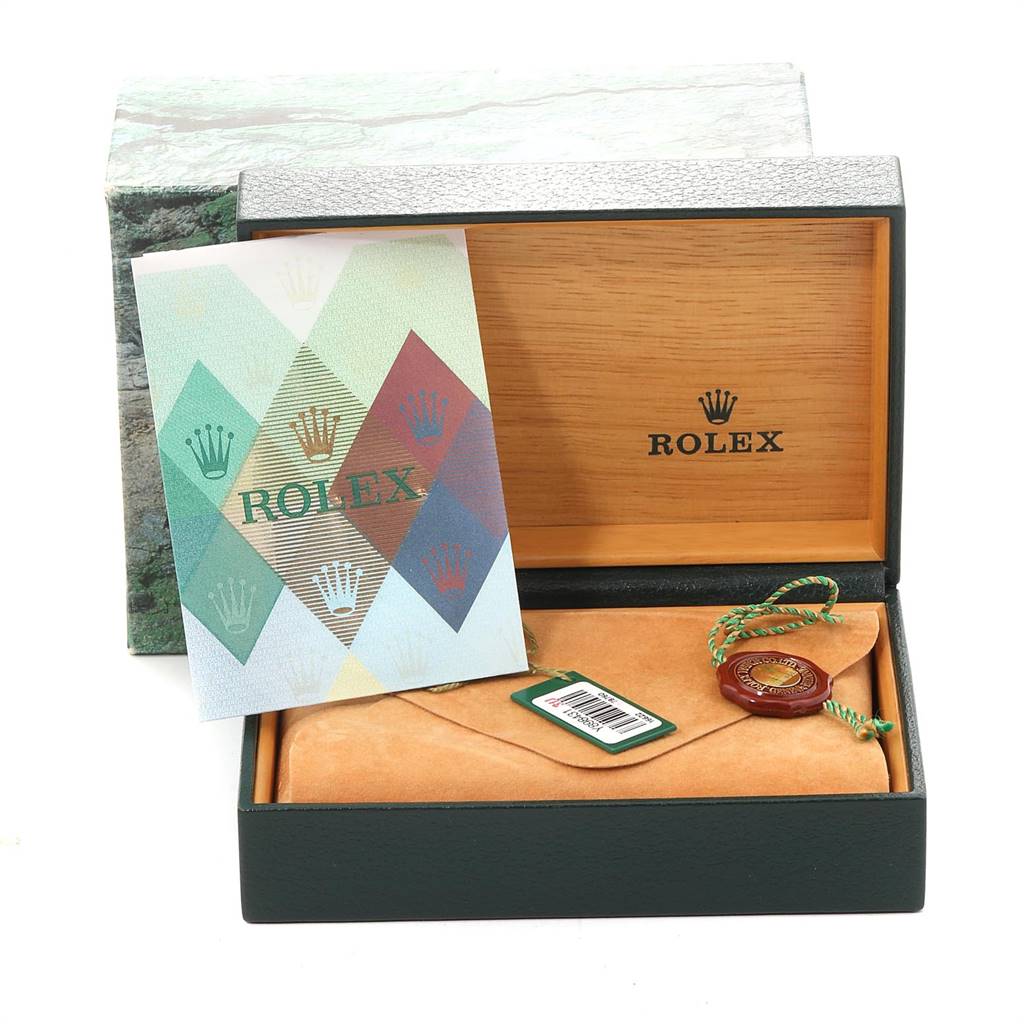 This image shows a Rolex Yacht-Master 16622 Men's Stainless Steel Silver Dial 16622 Men's Stainless Steel Silver Dial watch box, a card, and tags from a front angle.