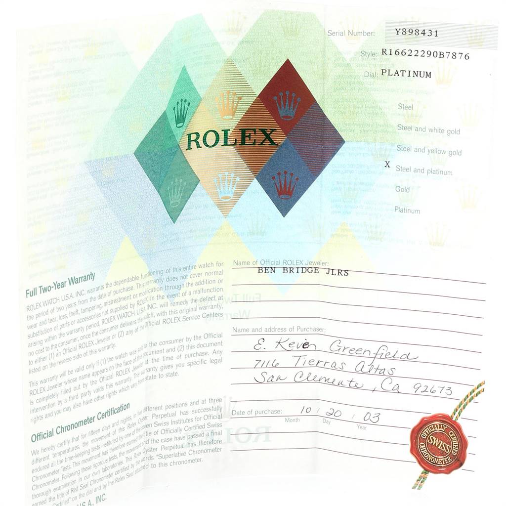 This image shows the warranty and certificate for a Rolex Yacht-Master 16622 Men's Stainless Steel Silver Dial 16622 Men's Stainless Steel Silver Dial model, detailing the serial number, style, and purchase information.