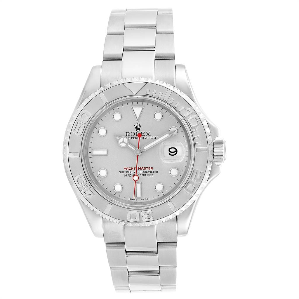 The image shows a front view of a Rolex Yacht-Master 16622 Men's Stainless Steel Silver Dial 16622 Men's Stainless Steel Silver Dial watch, including the face, crown, and bracelet.