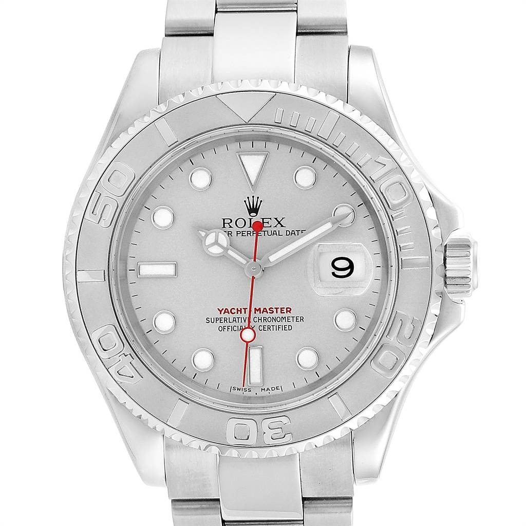 This Rolex Yacht-Master 16622 Men's Stainless Steel Silver Dial 16622 Men's Stainless Steel Silver Dial watch is shown from a front angle, displaying the face, hands, date, and bezel.
