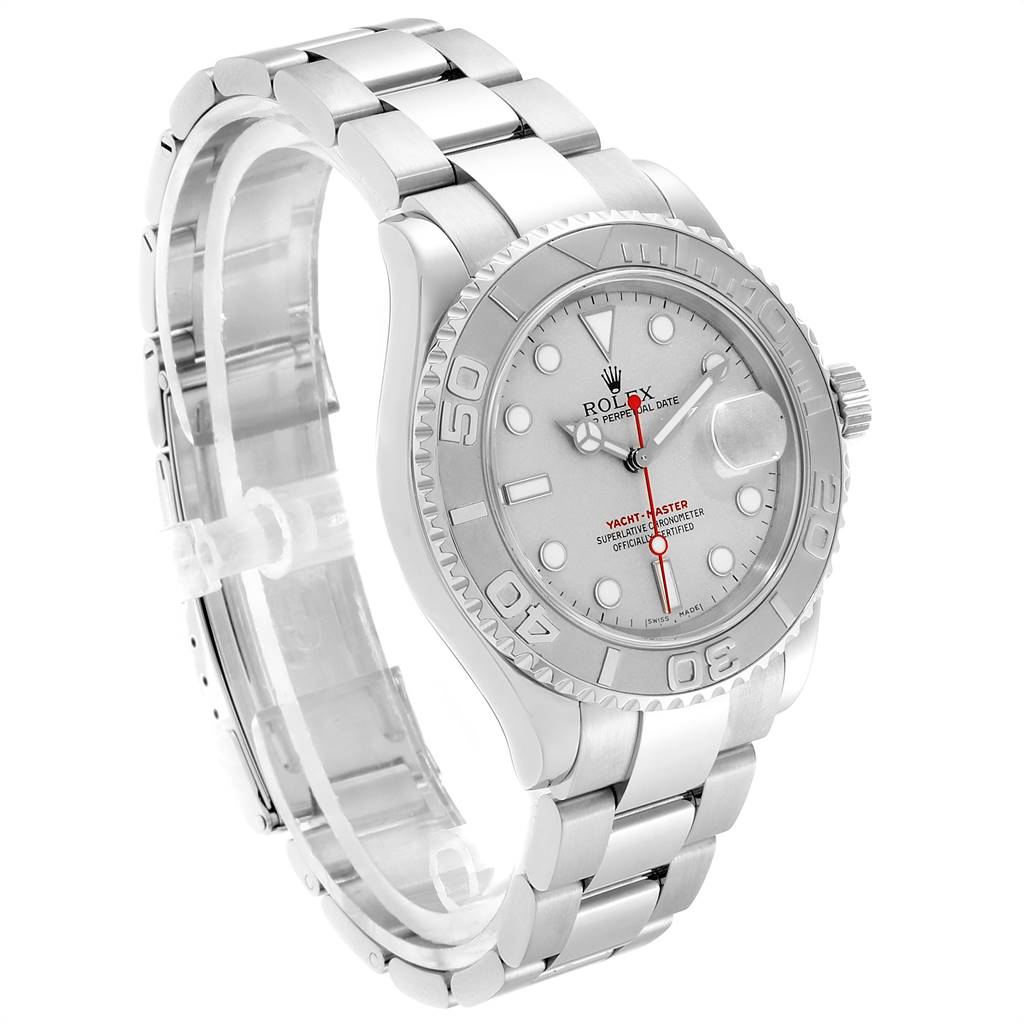 This Rolex Yacht-Master 16622 Men's Stainless Steel Silver Dial 16622 Men's Stainless Steel Silver Dial watch is shown from a three-quarter view, displaying the bracelet, bezel, crown, and dial.