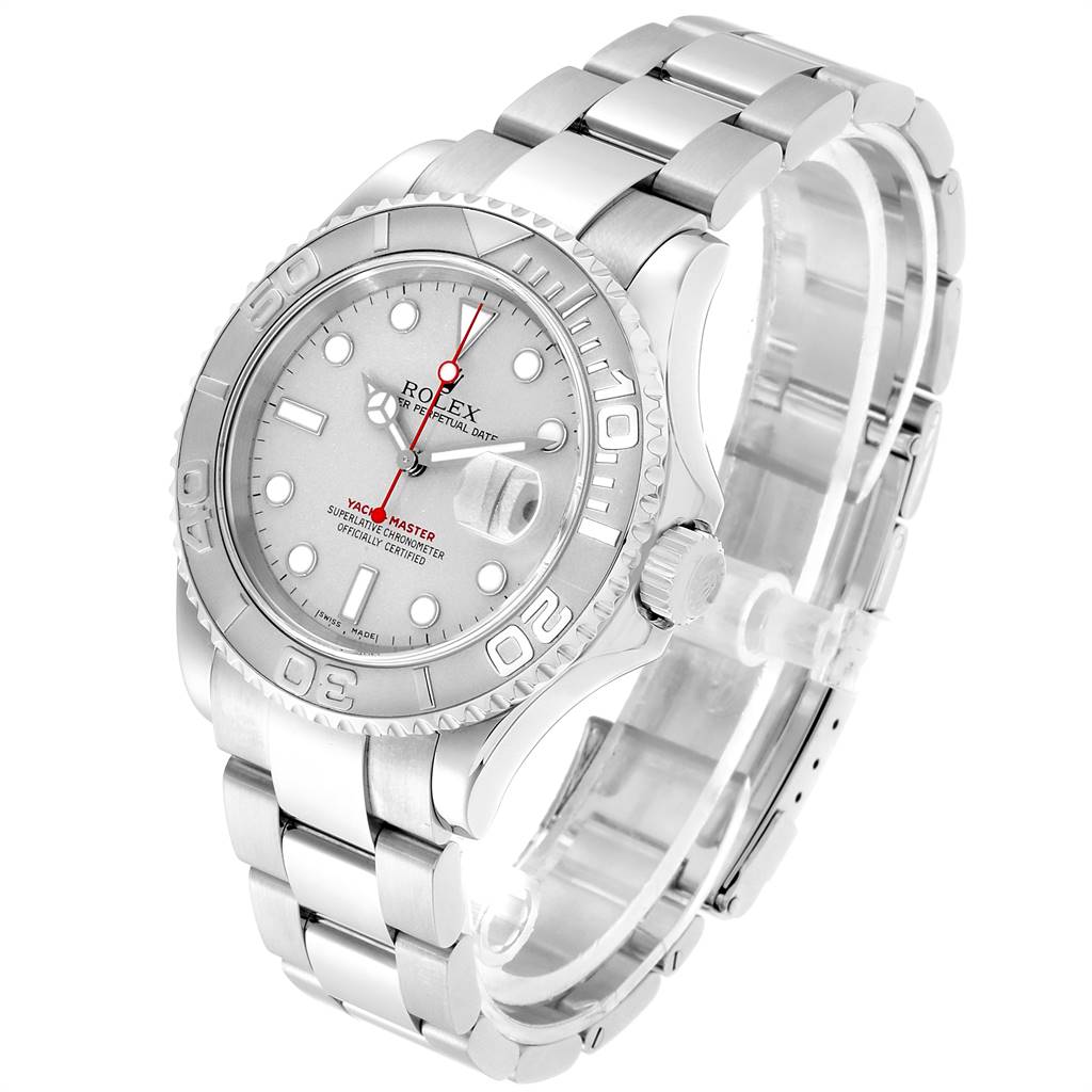 This Rolex Yacht-Master 16622 Men's Stainless Steel Silver Dial 16622 Men's Stainless Steel Silver Dial watch is shown from an angled front view, displaying the face, bezel, and bracelet.