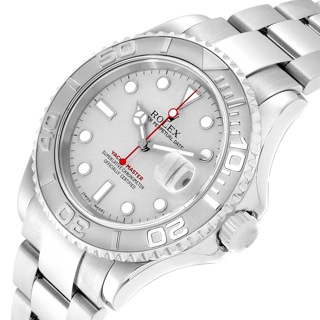 The image shows a detailed view of the Rolex Yacht-Master 16622 Men's Stainless Steel Silver Dial 16622 Men's Stainless Steel Silver Dial watch, highlighting the face, bezel, and part of the bracelet.