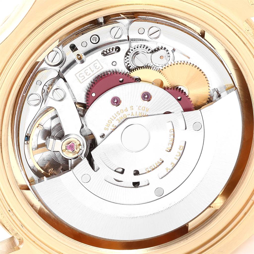 This image shows the intricate inner mechanism of a Rolex Yacht-Master 16628 Men
s Yellow Gold Mother of Pearl Dial 16628 Men
s Yellow Gold Mother of Pearl Dial watch from a rear view angle.
