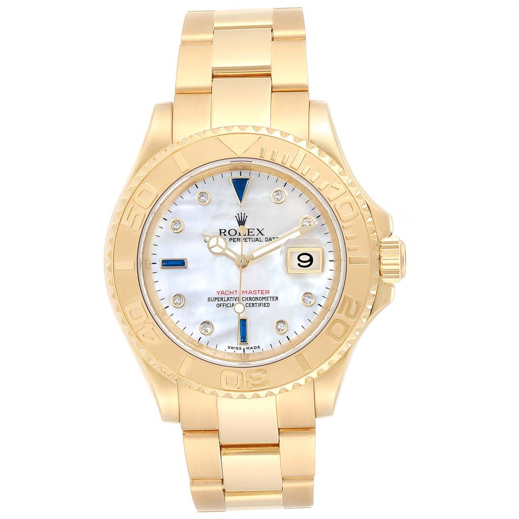 This is a front view of a Rolex Yacht-Master 16628 Men
s Yellow Gold Mother of Pearl Dial 16628 Men
s Yellow Gold Mother of Pearl Dial watch, showing the dial, bezel, and bracelet.