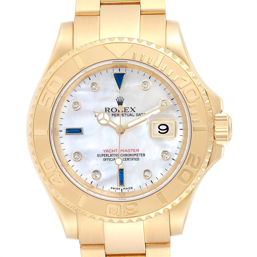This Yacht-Master Rolex watch is shown from the front, displaying the dial, bezel, and part of the bracelet.