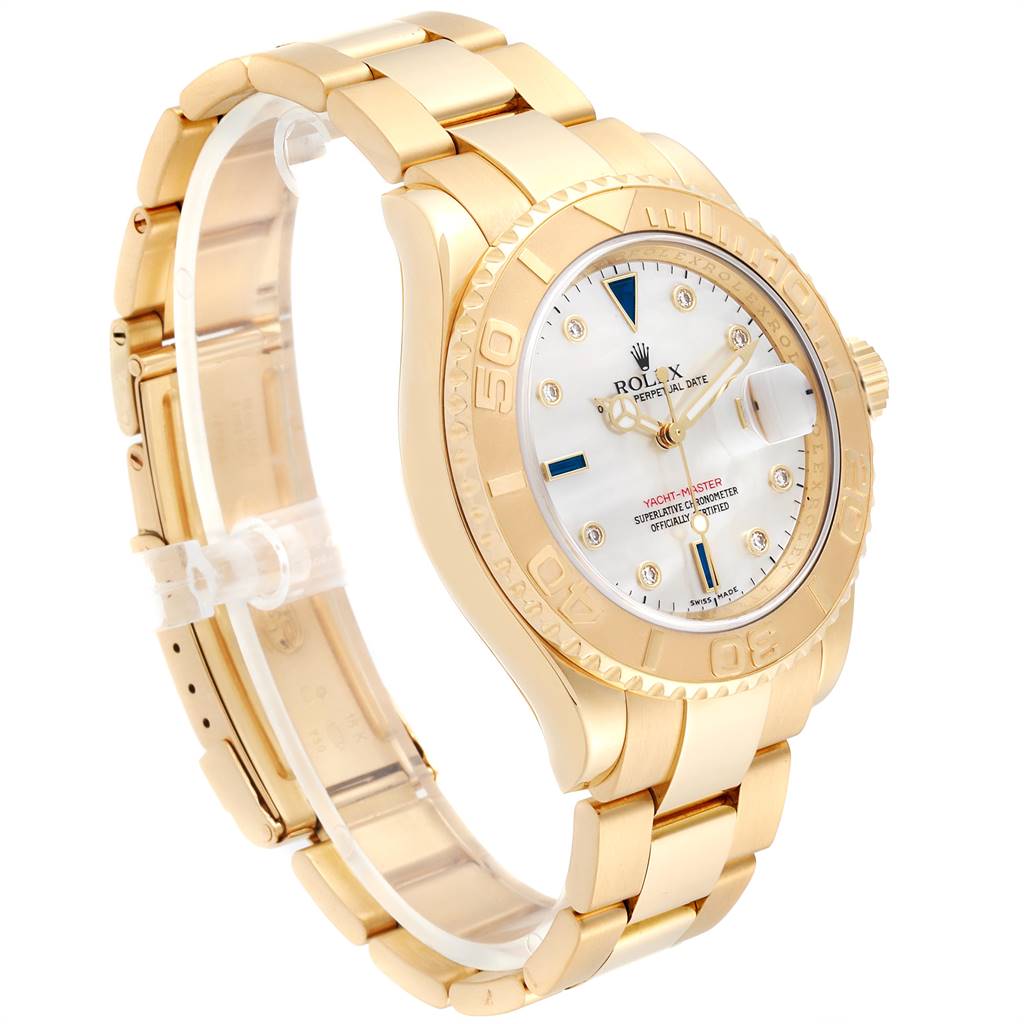 The image shows a side angle of the Rolex Yacht-Master 16628 Men
s Yellow Gold Mother of Pearl Dial 16628 Men
s Yellow Gold Mother of Pearl Dial watch, highlighting its gold bracelet, bezel, and dial.