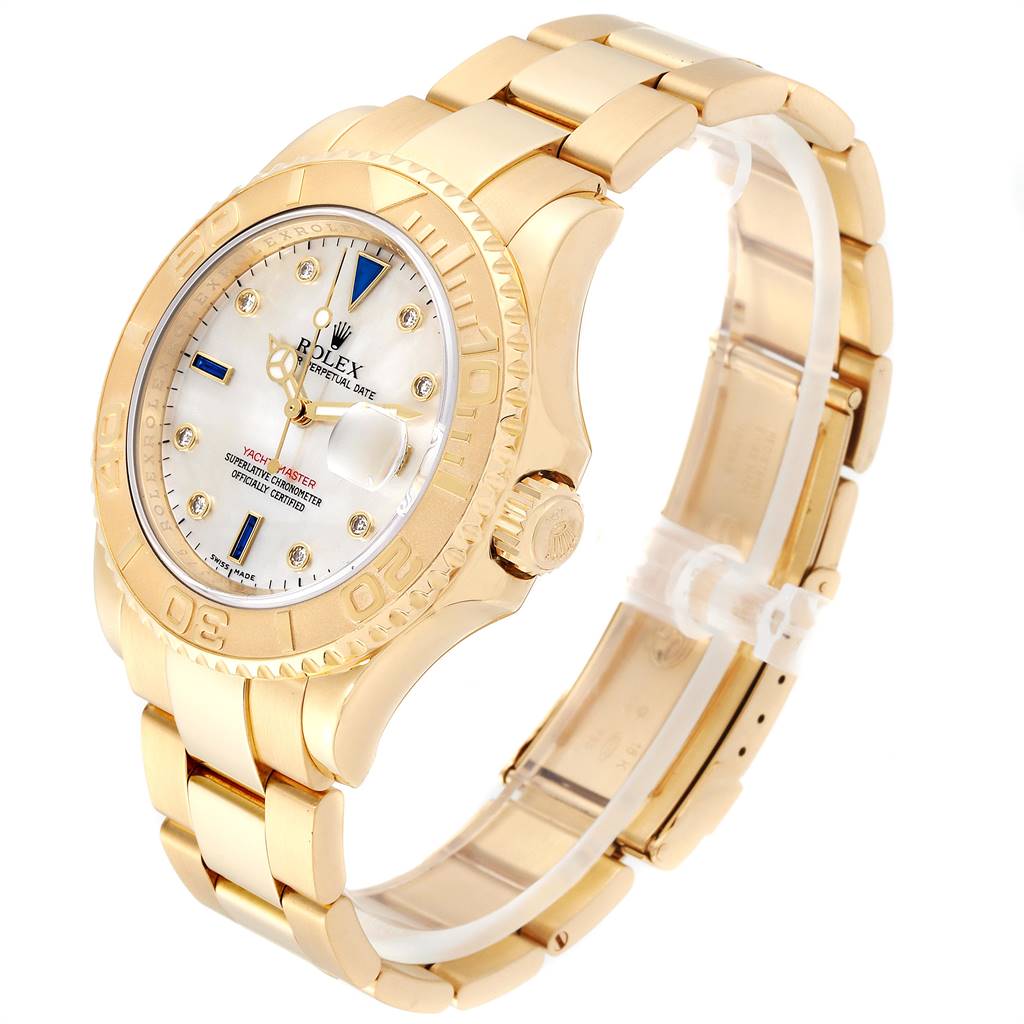 This Rolex Yacht-Master 16628 Men
s Yellow Gold Mother of Pearl Dial 16628 Men
s Yellow Gold Mother of Pearl Dial watch is shown at an angle highlighting the face, bezel, case, and bracelet.