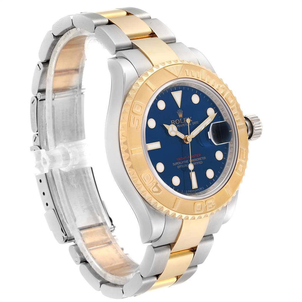 The Rolex Yacht-Master 16623 Men's Stainless Steel Blue Dial 16623 Men's Stainless Steel Blue Dial watch is shown at an angle displaying the face, bezel, crown, and partial bracelet.