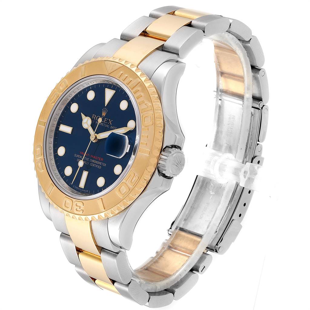 This image shows a Rolex Yacht-Master 16623 Men's Stainless Steel Blue Dial 16623 Men's Stainless Steel Blue Dial watch in a three-quarter view angle, featuring its bezel, crown, and two-tone bracelet.