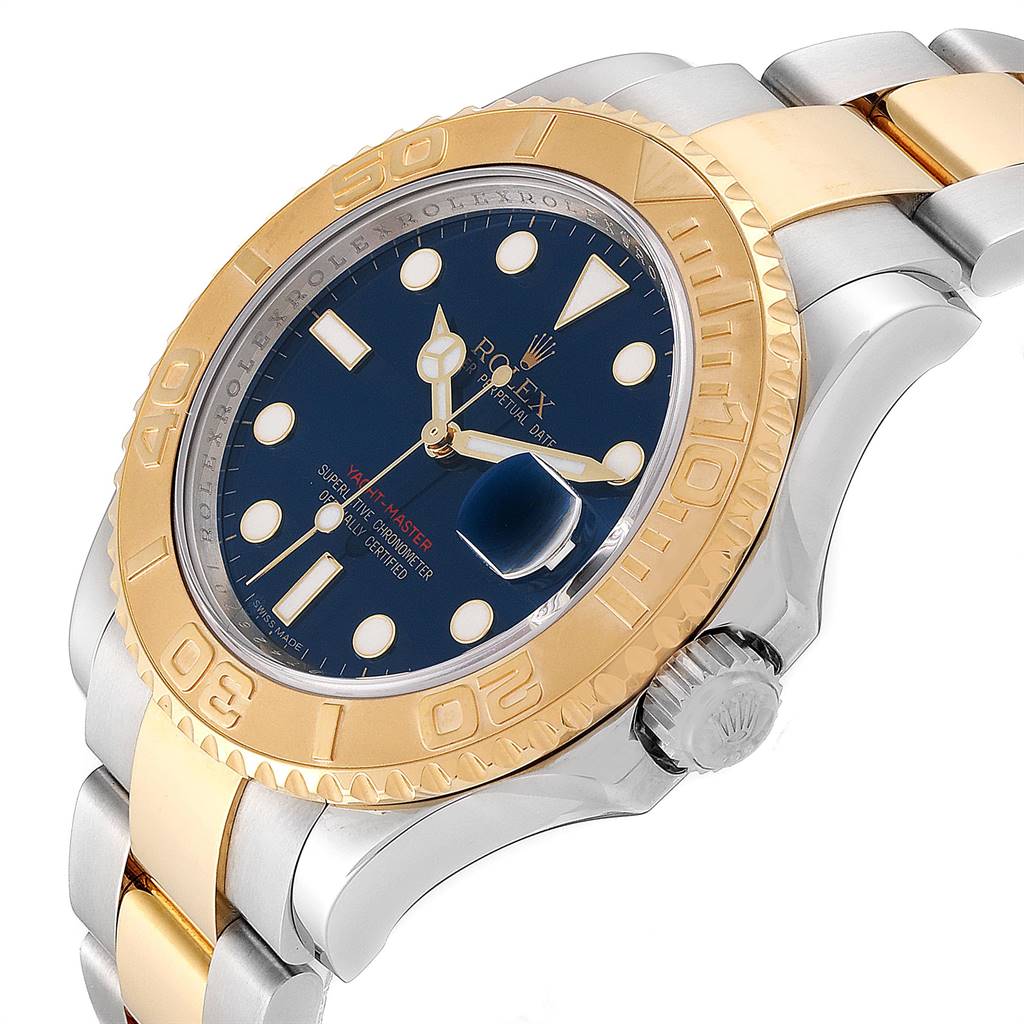 This image shows a side-angle view of a Rolex Yacht-Master 16623 Men's Stainless Steel Blue Dial 16623 Men's Stainless Steel Blue Dial watch, highlighting the bezel, dial, crown, and part of the bracelet.