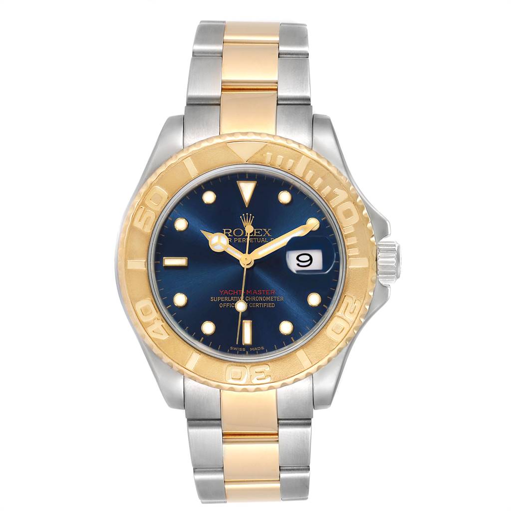 This image shows a front view of a Rolex Yacht-Master 16623 Men's Stainless Steel Blue Dial 16623 Men's Stainless Steel Blue Dial watch, displaying its face, bezel, and bracelet.