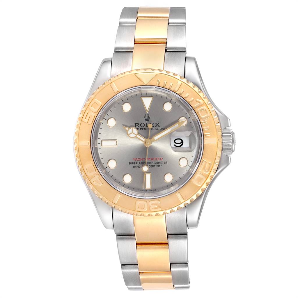 The Rolex Yacht-Master 16623 Men's Stainless Steel Grey Dial 16623 Men's Stainless Steel Grey Dial watch is shown from the front, highlighting its two-tone bracelet, bezel, and silver dial.