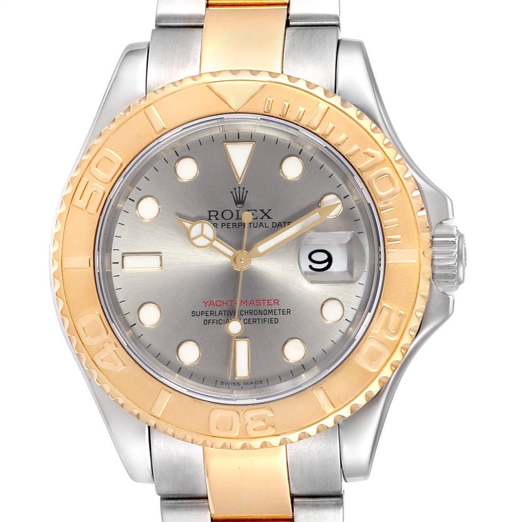 The image showcases the Rolex Yacht-Master 16623 Men's Stainless Steel Grey Dial 16623 Men's Stainless Steel Grey Dial watch from a front angle, highlighting its dial, bezel, and bracelet.