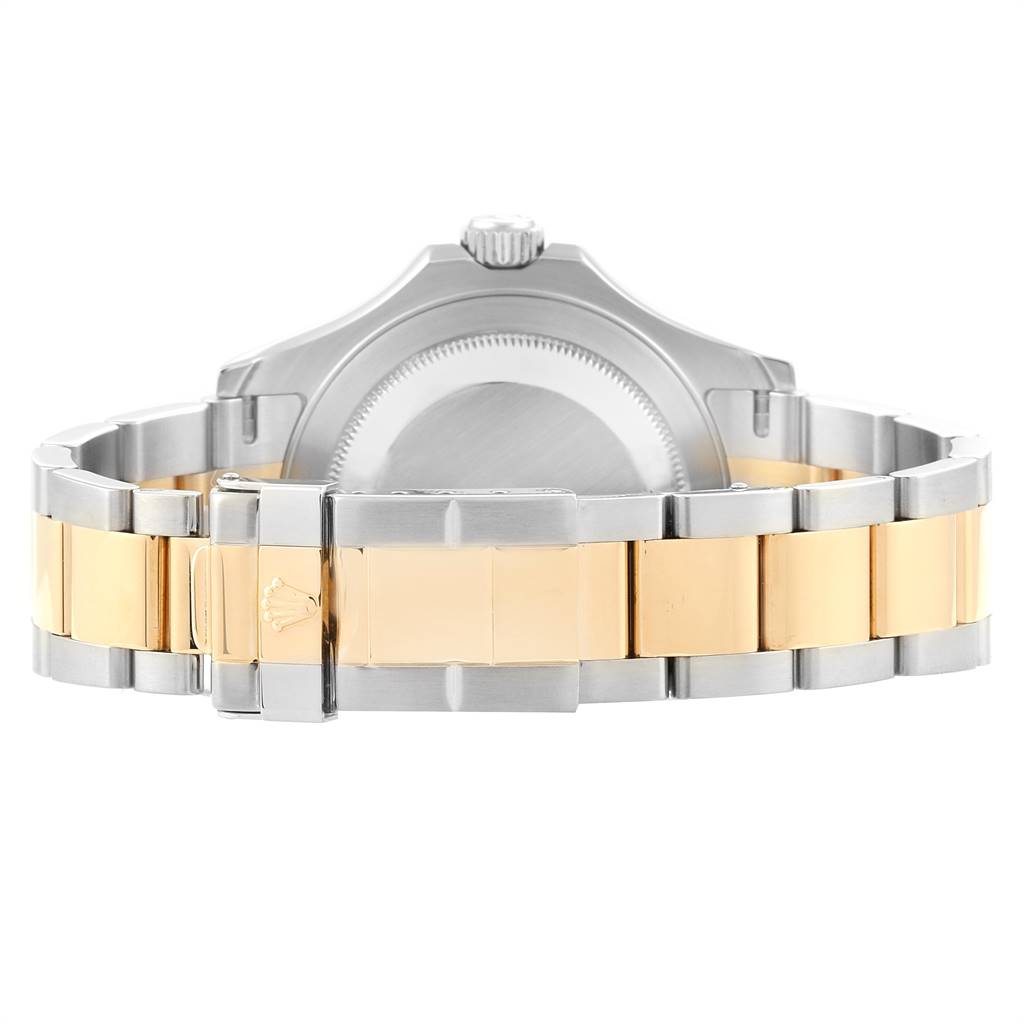 This image shows the back and clasp of a Rolex Yacht-Master 16623 Men's Stainless Steel Grey Dial 16623 Men's Stainless Steel Grey Dial watch, highlighting the gold and silver bracelet.
