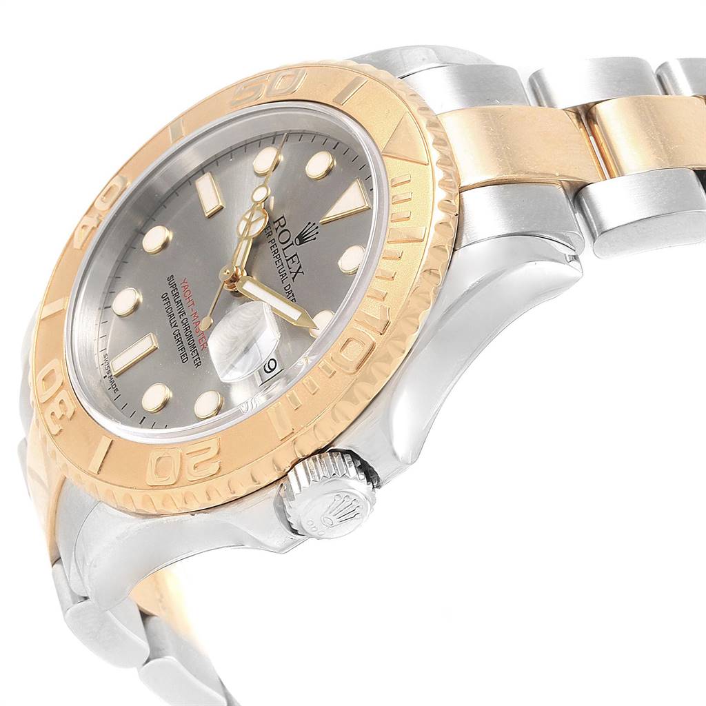 The image shows a side and partial top view of the Rolex Yacht-Master 16623 Men's Stainless Steel Grey Dial 16623 Men's Stainless Steel Grey Dial watch, highlighting the bezel, crown, dial, and bracelet.