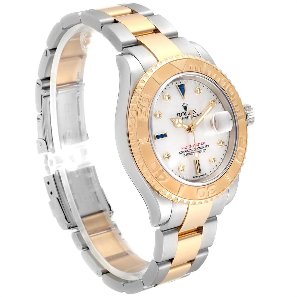 The Rolex Yacht-Master 16623 Men's Stainless Steel Mother of Pearl Dial 16623 Men's Stainless Steel Mother of Pearl Dial watch is shown at a three-quarter angle, displaying its face, bezel, crown, and bracelet.