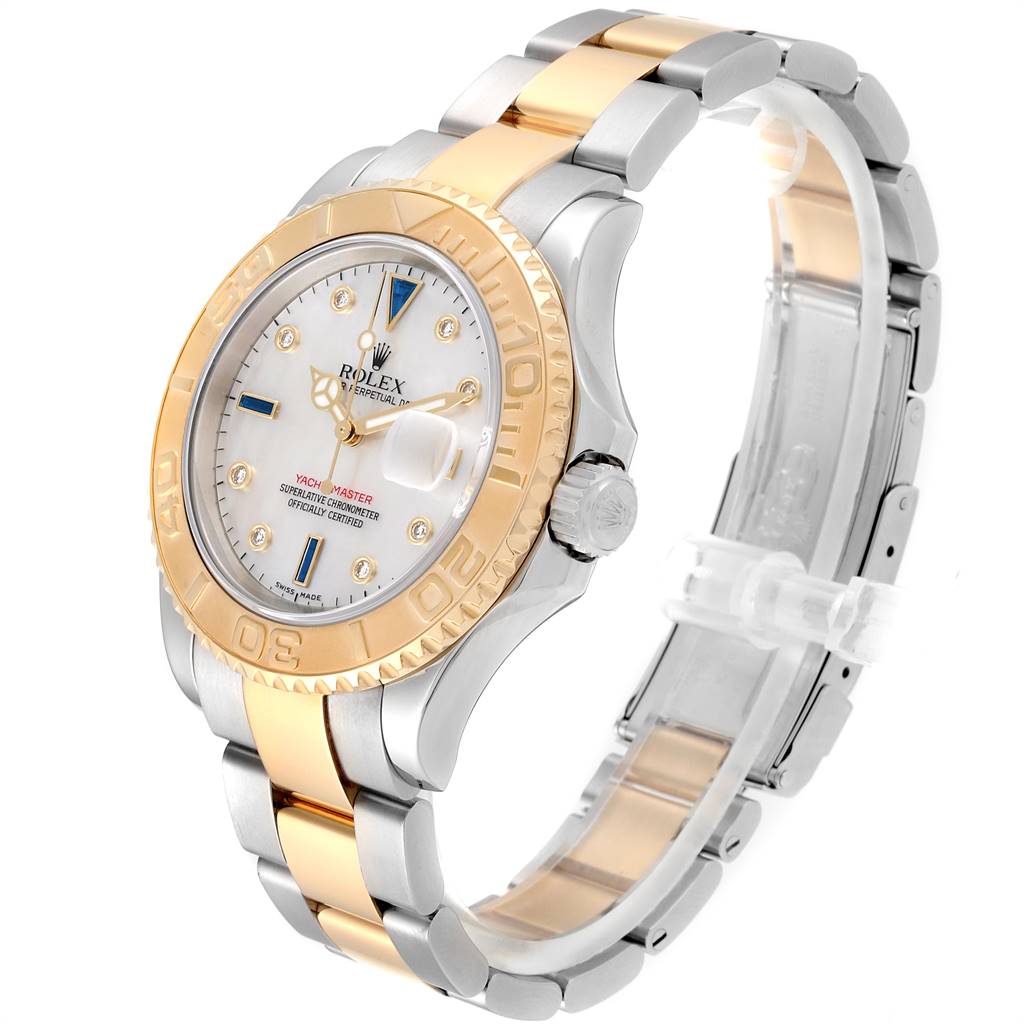 The Yacht-Master Rolex watch is shown at an angled view, displaying the face, bezel, crown, and two-tone bracelet.