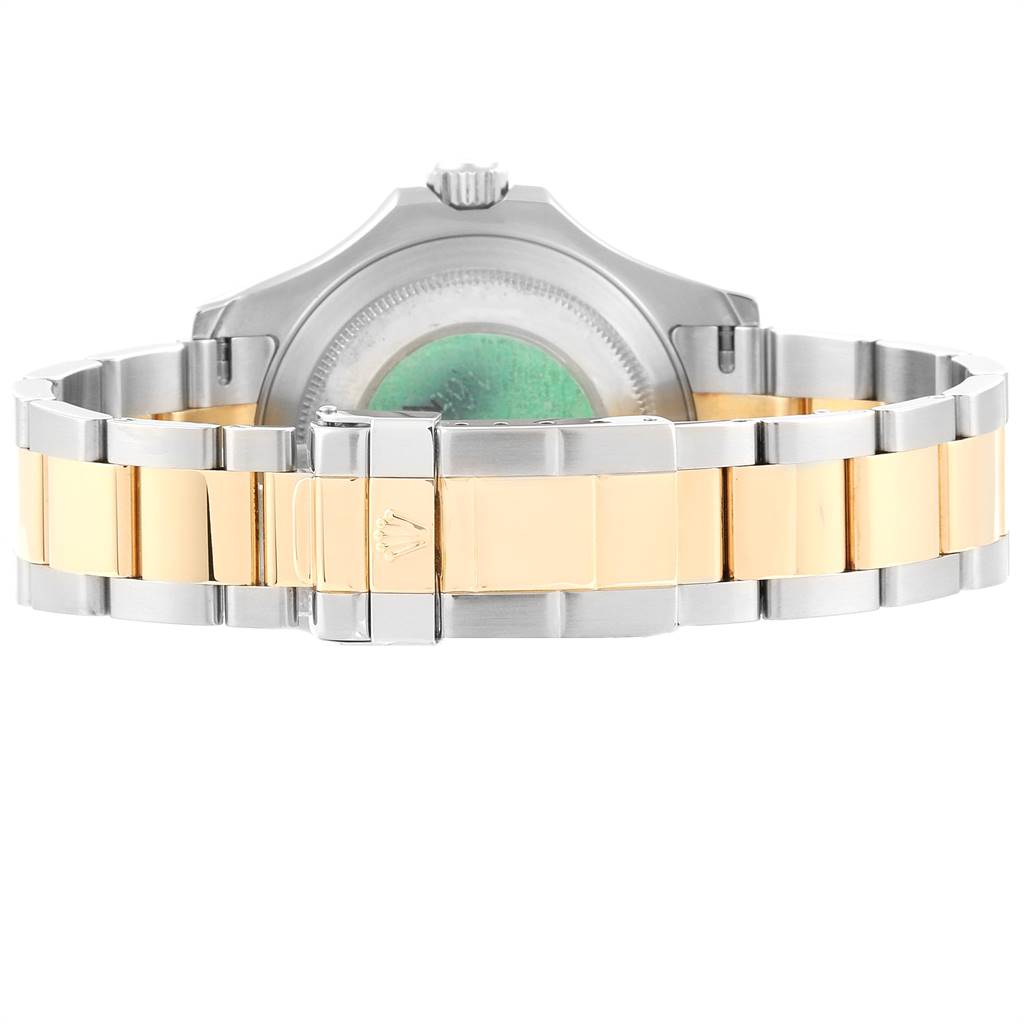 The image shows the back view of a Rolex Yacht-Master 16623 Men's Stainless Steel Mother of Pearl Dial 16623 Men's Stainless Steel Mother of Pearl Dial watch, highlighting its two-tone bracelet and clasp.