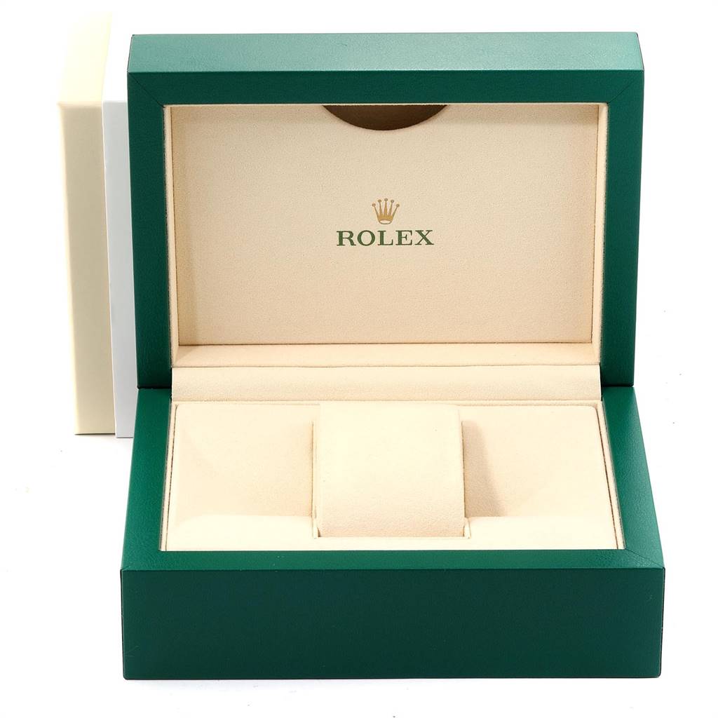 This image shows an open Rolex Yacht-Master 16623 Men's Stainless Steel Mother of Pearl Dial 16623 Men's Stainless Steel Mother of Pearl Dial watch box, featuring green and beige colors with the Rolex logo inside.