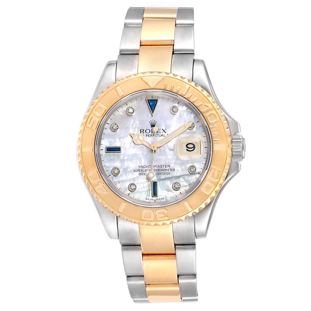 This Rolex Yacht-Master 16623 Men's Stainless Steel Mother of Pearl Dial 16623 Men's Stainless Steel Mother of Pearl Dial watch is shown from the front, displaying the dial, bezel, and bracelet.