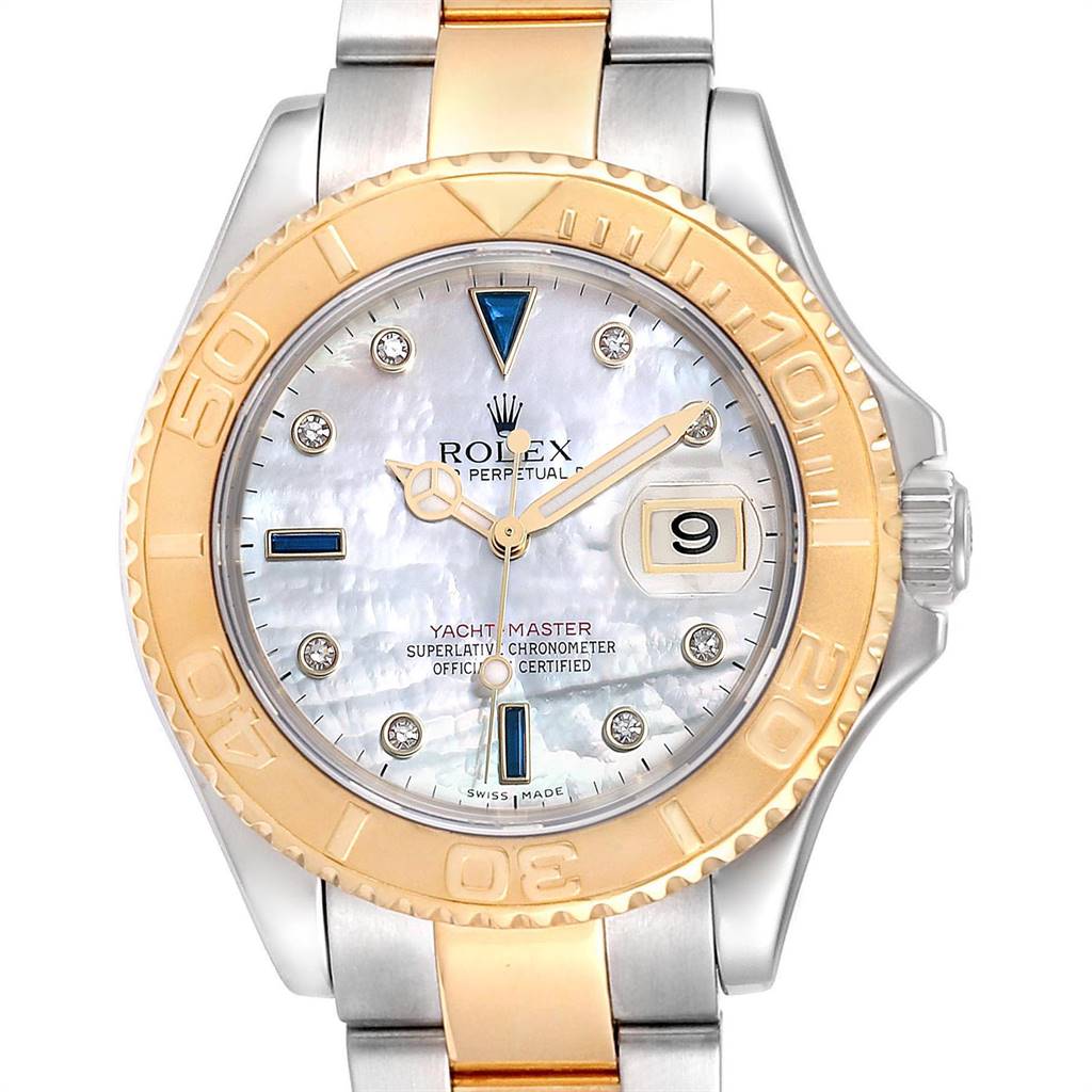 The image shows a frontal view of a Rolex Yacht-Master 16623 Men's Stainless Steel Mother of Pearl Dial 16623 Men's Stainless Steel Mother of Pearl Dial watch, highlighting its dial, bezel, and bracelet.