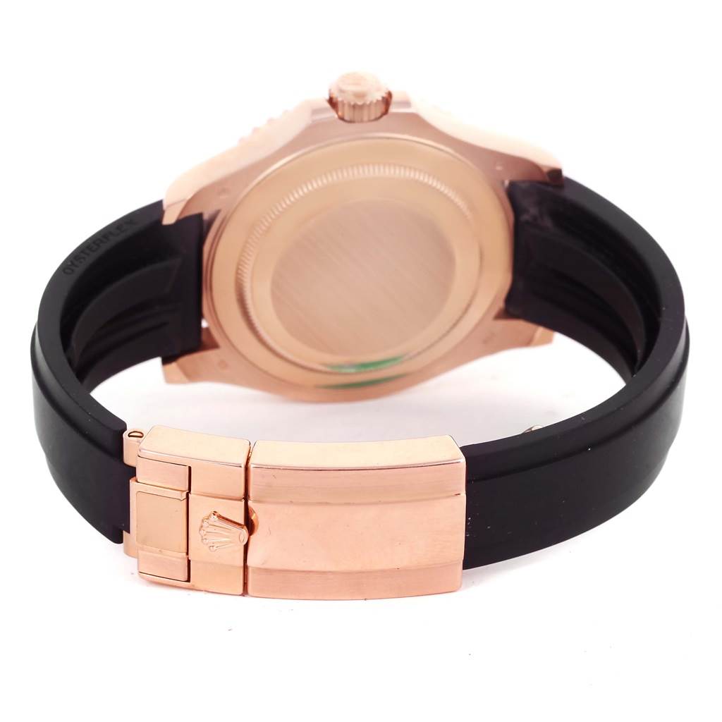 This image shows the back and clasp of a Rolex Yacht-Master 116655 Men's Rose Gold Black Dial 116655 Men's Rose Gold Black Dial watch, highlighting the case and rubber strap.